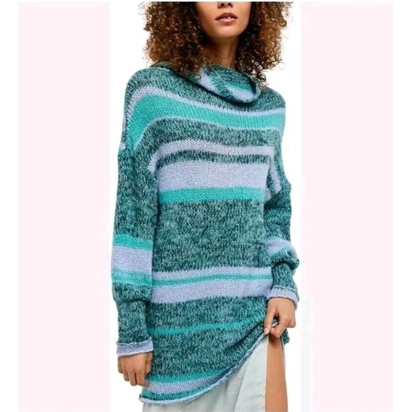 Free People Blue Candy Stripe‎ Cowl Neck Wool Alpaca Tunic Sweater Size Medium - Picture 4 of 14